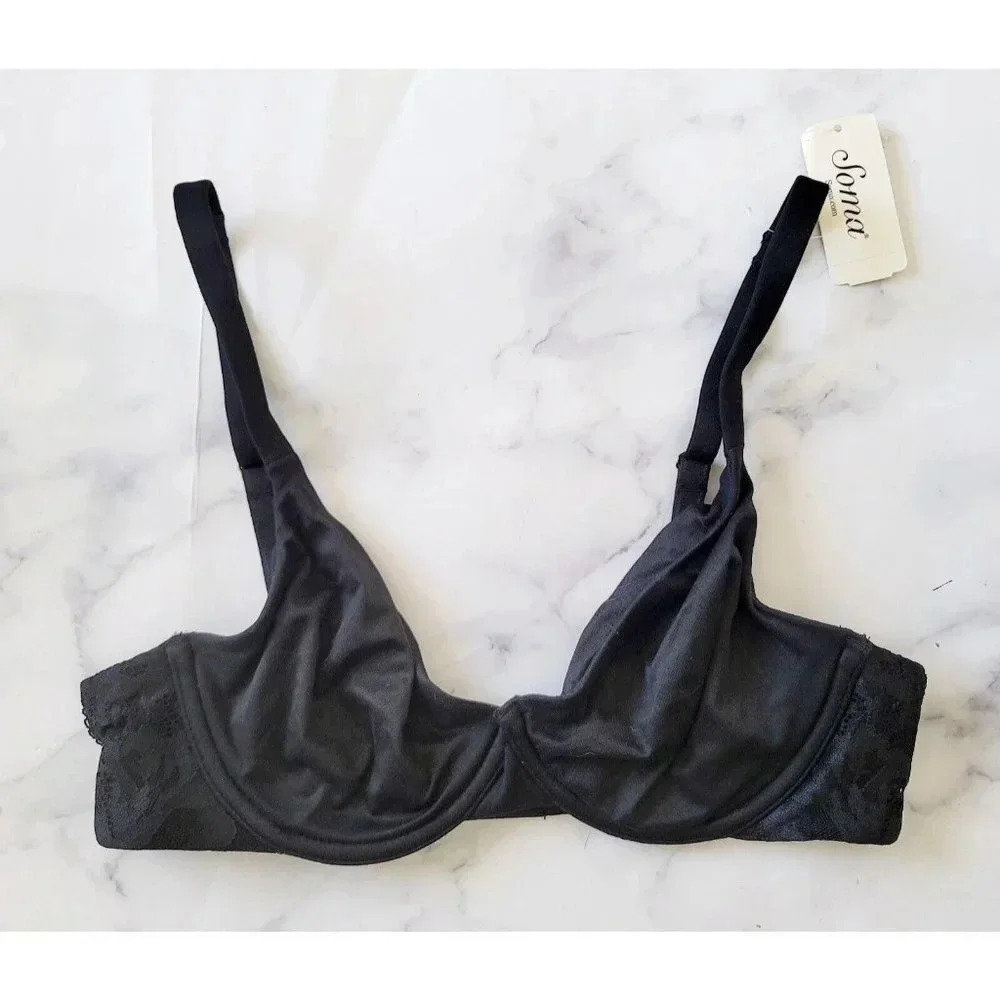Soma Embraceable Signature Lace Unlined Perfect Coverage Underwire Black Bra 32C